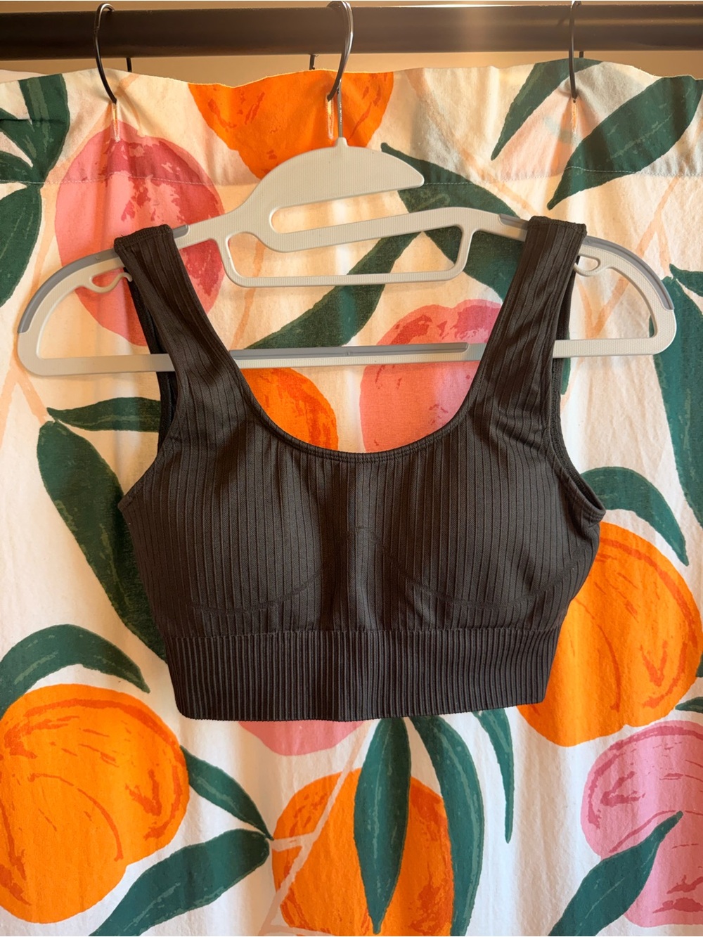 Ribbed Black Scoop Neck Sports Bra in Olive